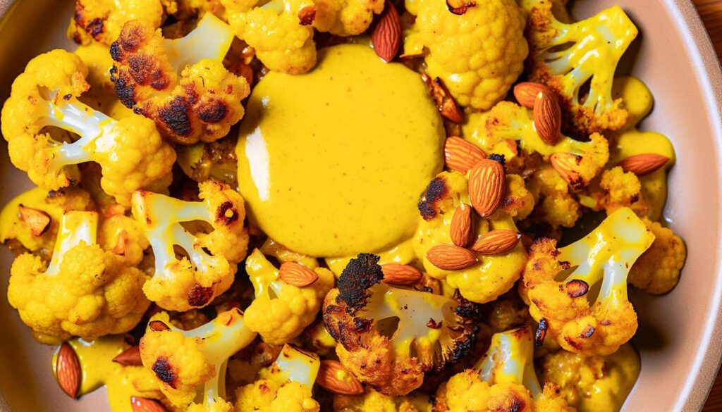 Receta de coliflor asada con salsa de almendra y cúrcuma