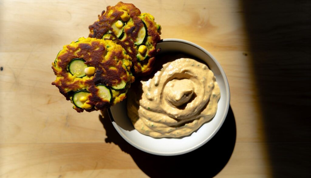 Zucchini Corn Fritters with Tahini Dip Recipe