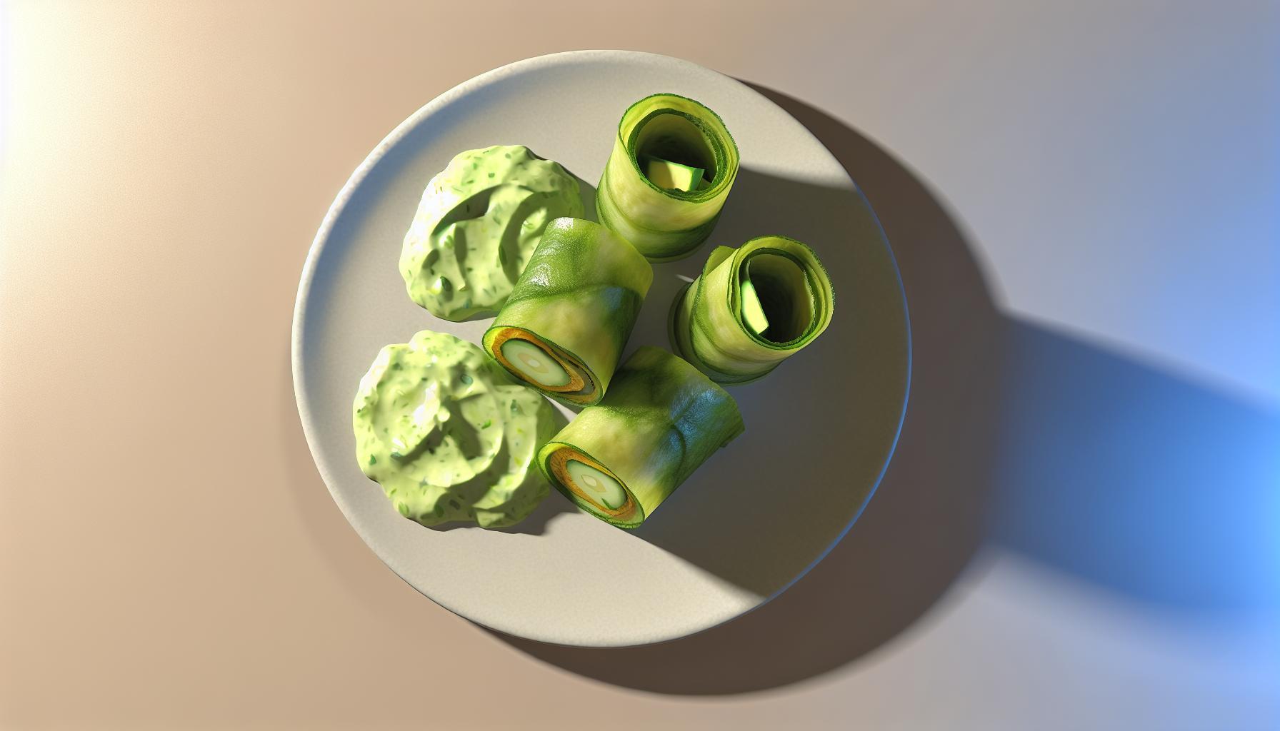 Receta de rollitos de calabacín crudos con crema de aguacate
