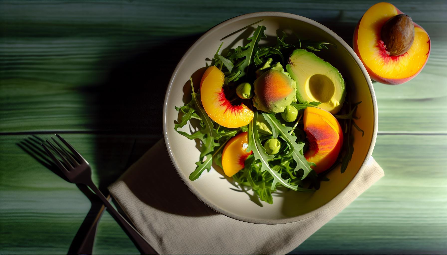 Receta de ensalada fresca y sabrosa de melocotón y aguacate y rúcula