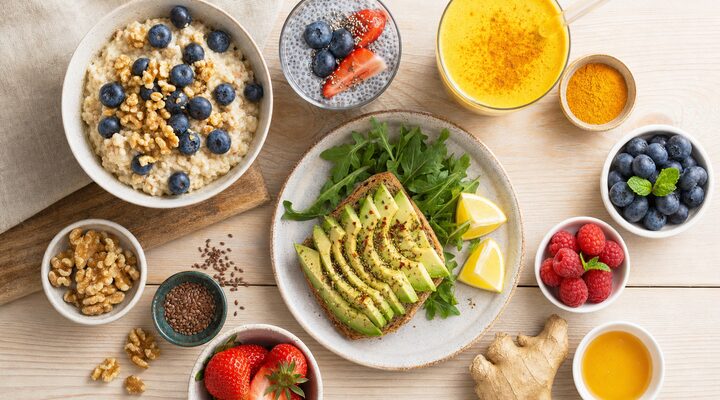 Anti-inflammatory breakfast spread with oatmeal, berries, chia pudding and avocado toast