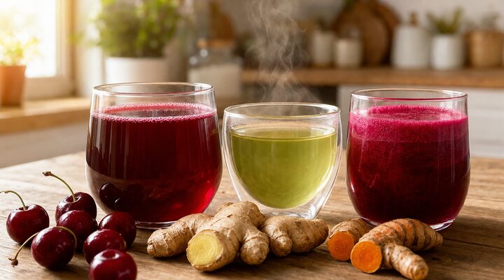 Anti-inflammatory drinks: tart cherry juice, green tea and beet juice with fresh ginger and turmeric