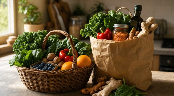 Anti-inflammatory foods in a shopping basket: leafy greens, blueberries, oranges, peppers, walnuts, lentils and olive oil