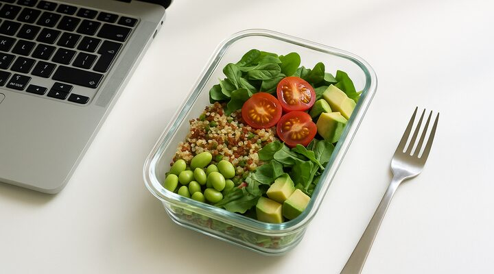 Glass meal prep container with a colorful anti-inflammatory quinoa salad on an office desk
