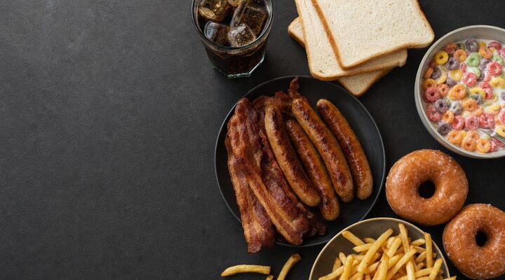 Processed inflammatory foods: cola, white bread, sugary cereal, bacon, sausages, donuts and fries
