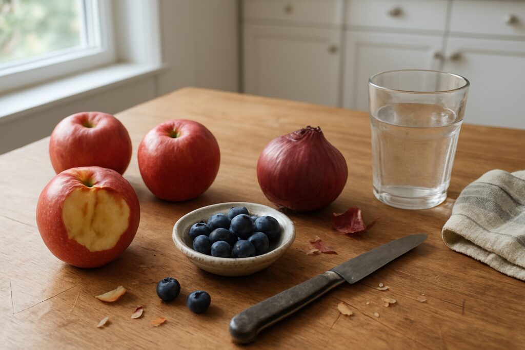 Red apples with the skin on, a red onion and a small bowl of blueberries on a wooden kitchen table