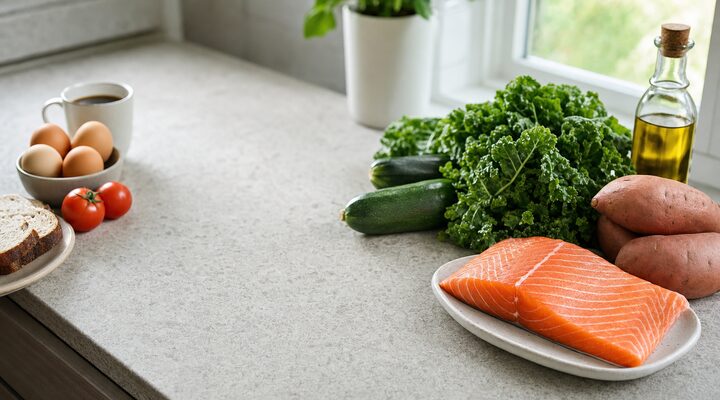 AIP diet foods on a kitchen counter: salmon, sweet potatoes and greens separated from eggs, tomatoes, coffee and bread