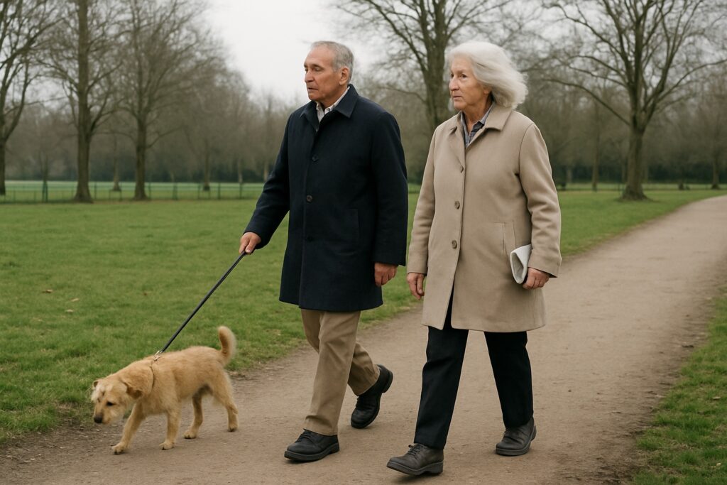 An older couple walking a small dog along a park path on an overcast morning