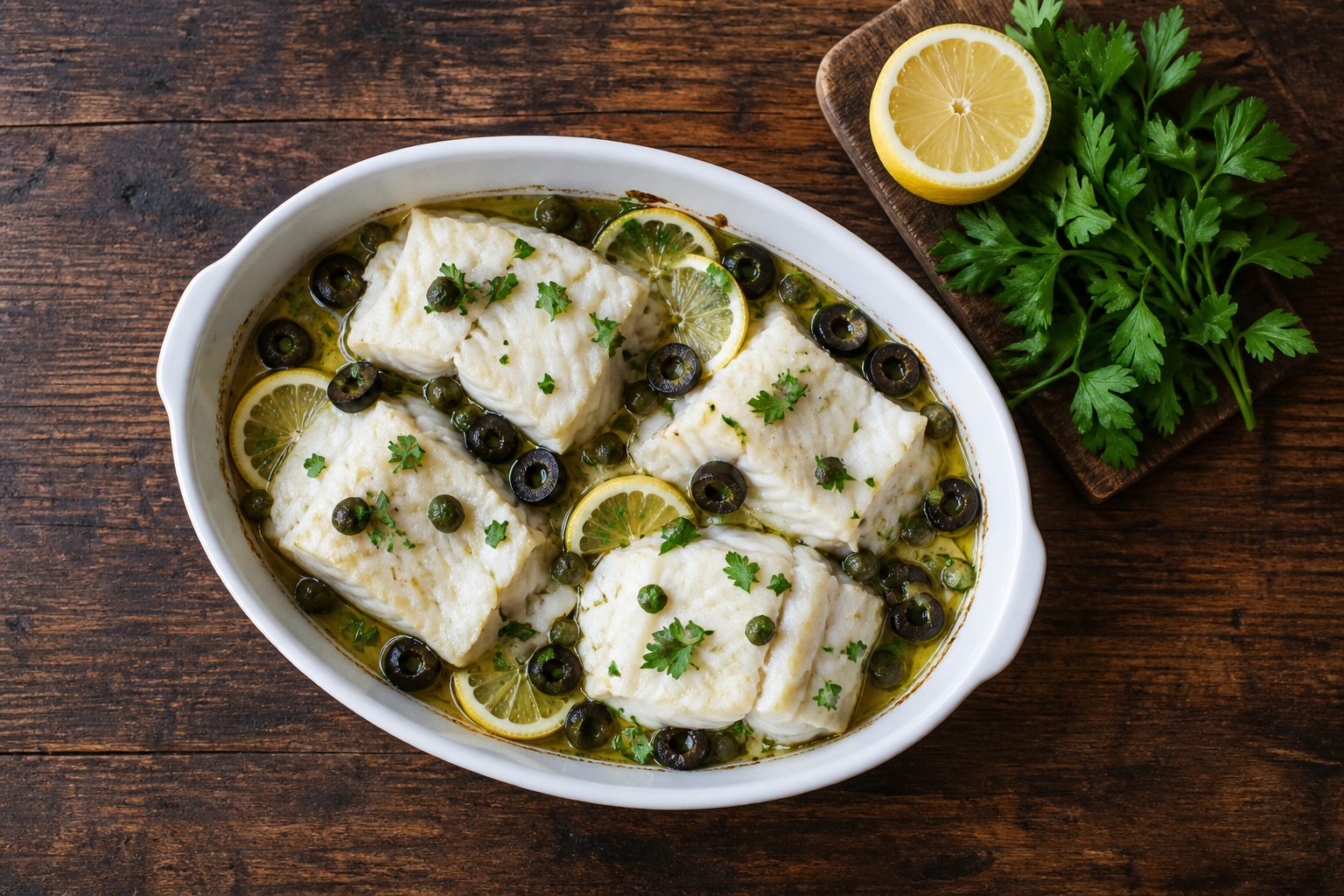 AIP baked cod fillets with black olives, capers, lemon slices and fresh parsley in a white baking dish