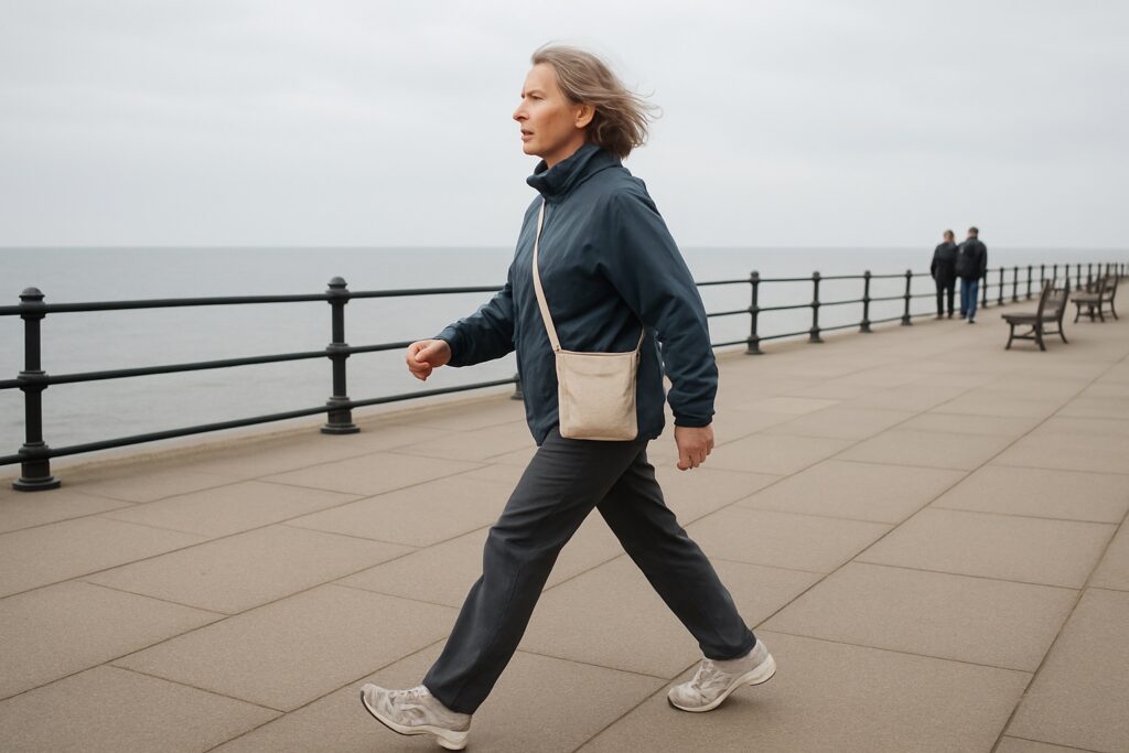 A woman in her sixties walking briskly along a seafront promenade on an overcast morning