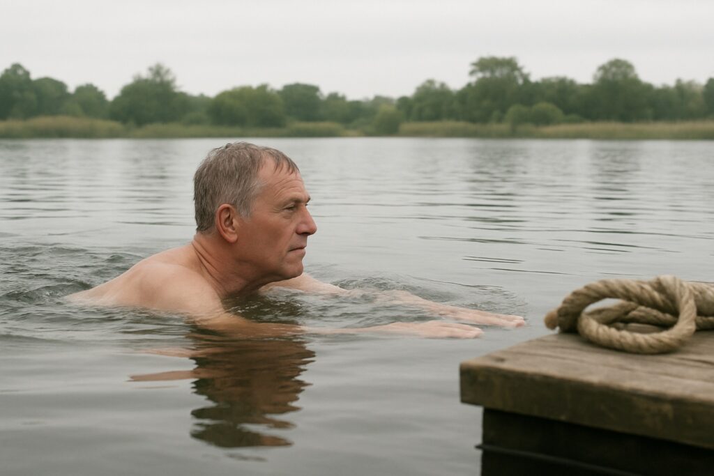 A man in his sixties swimming slowly in an outdoor lake on an overcast morning
