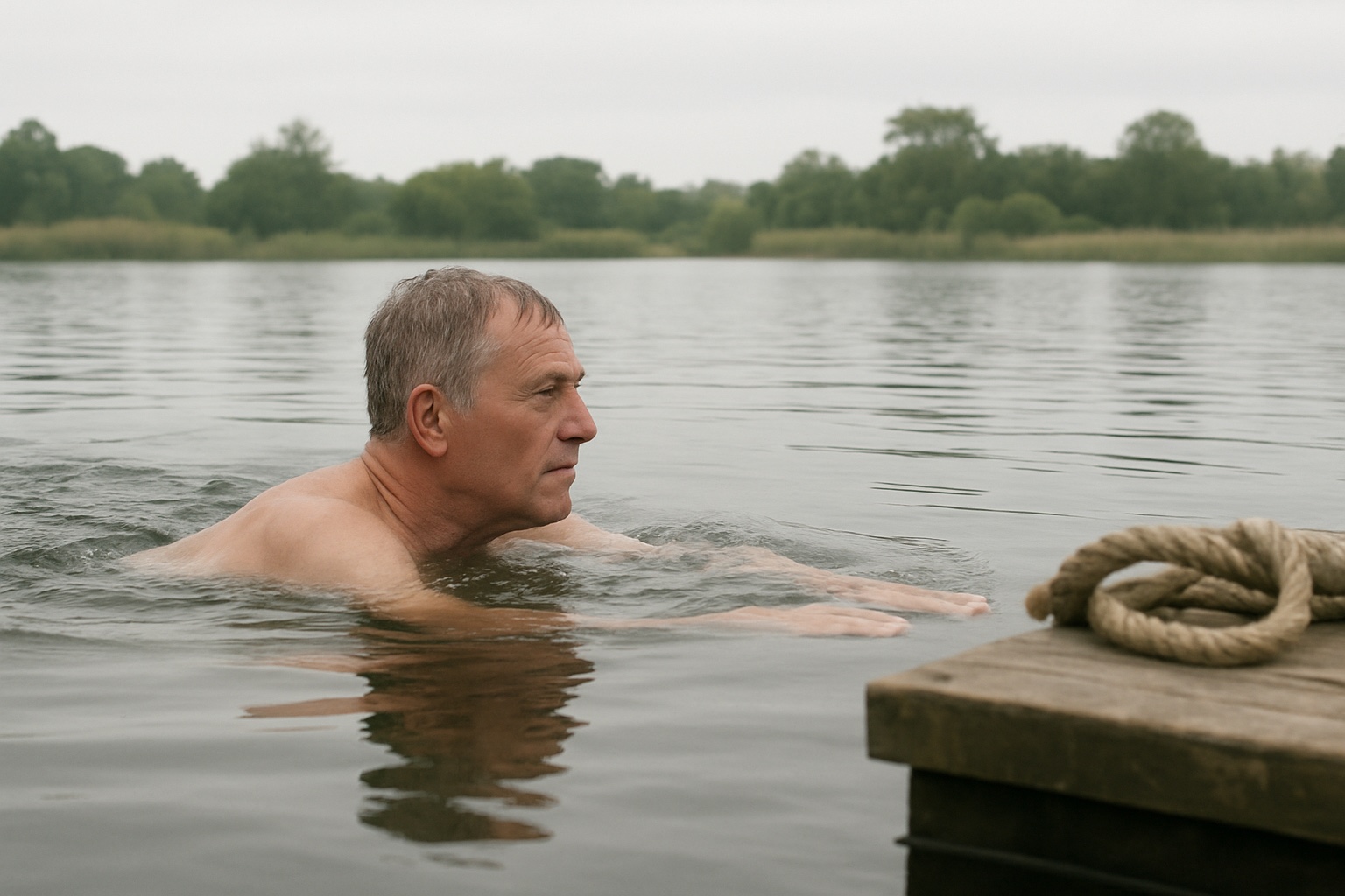 A man in his sixties swimming slowly in an outdoor lake on an overcast morning