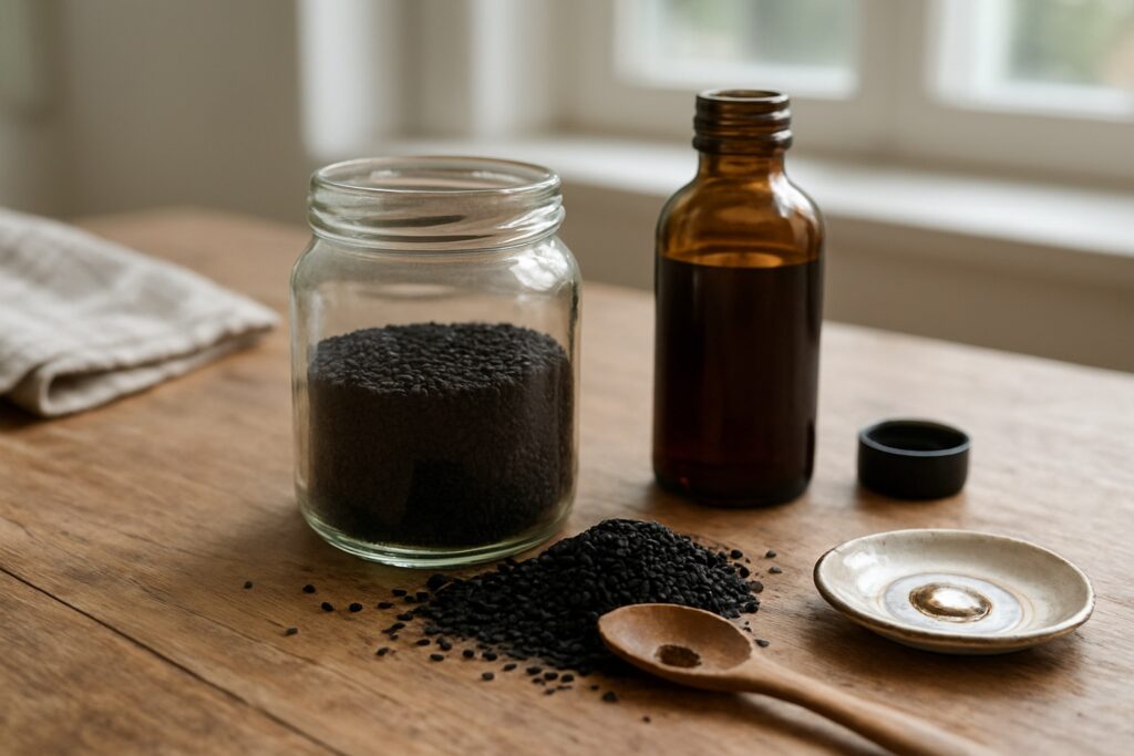 An open jar of black cumin seeds and an unlabelled amber bottle of dark oil on a wooden kitchen table