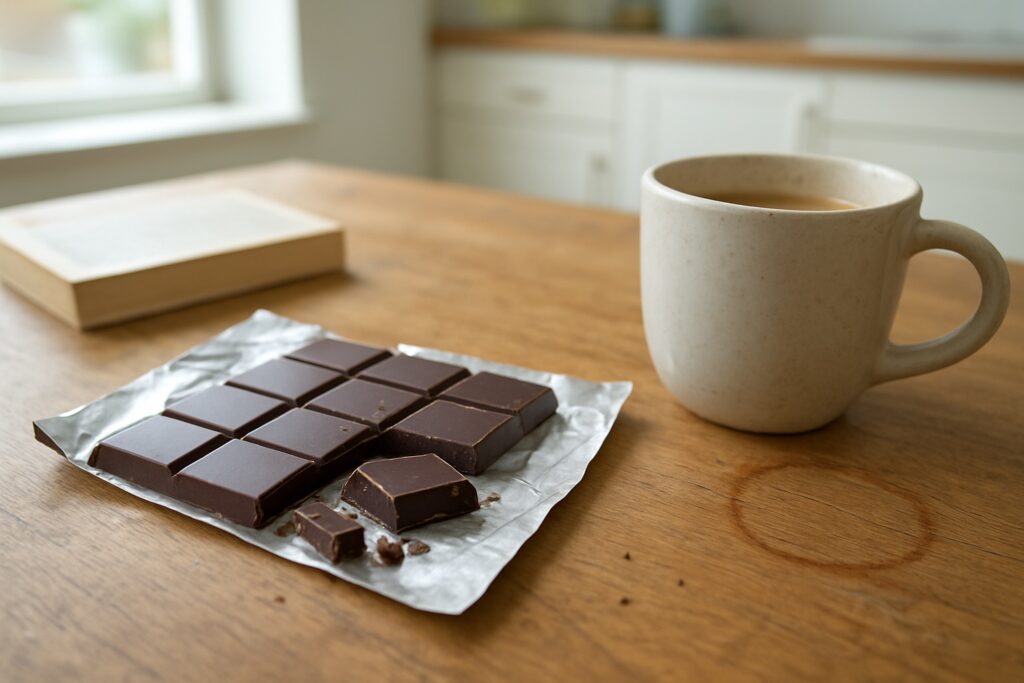 A bar of dark chocolate broken into squares on plain foil next to a mug of coffee