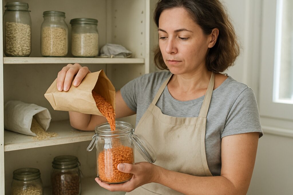 A woman pouring dried lentils from a paper bag into a glass storage jar in a home pantry