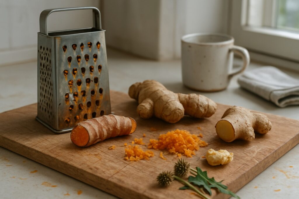 Fresh turmeric and ginger roots part grated on a wooden board beside a stained box grater