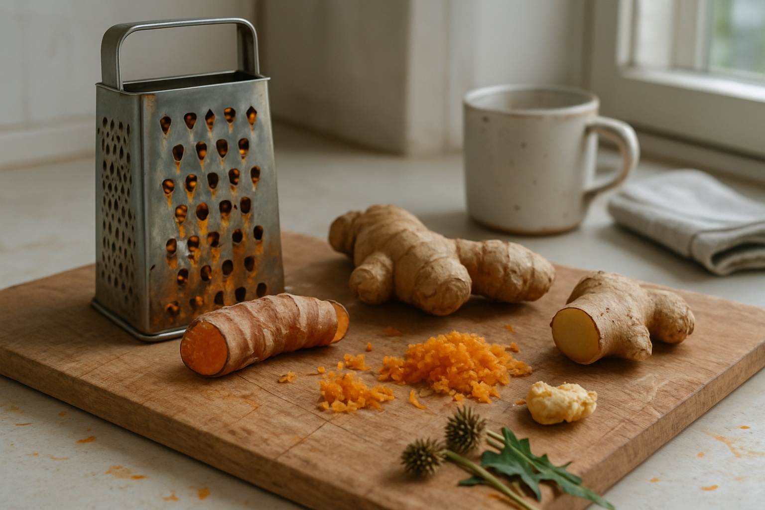 Fresh turmeric and ginger roots part grated on a wooden board beside a stained box grater