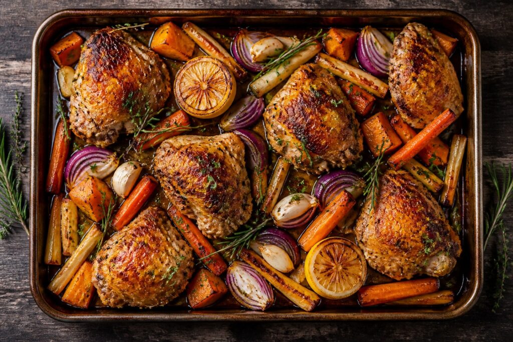 Sheet pan of AIP roast chicken thighs with sweet potato, carrots, parsnips and garlic