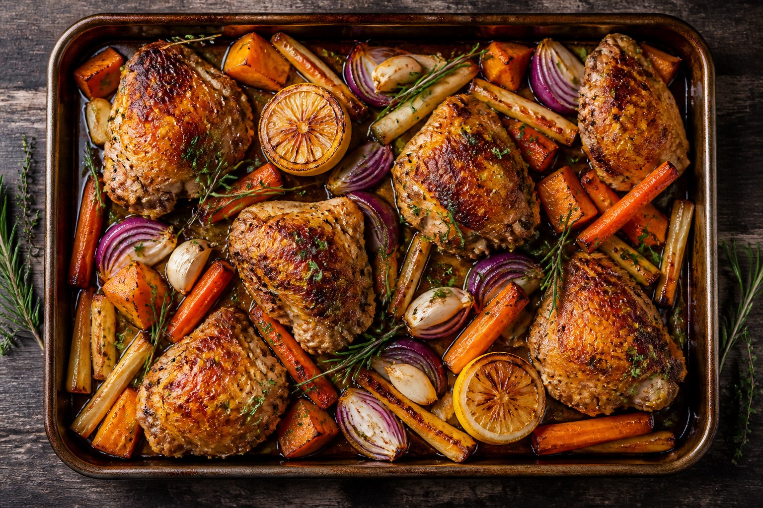 Sheet pan of AIP roast chicken thighs with sweet potato, carrots, parsnips and garlic