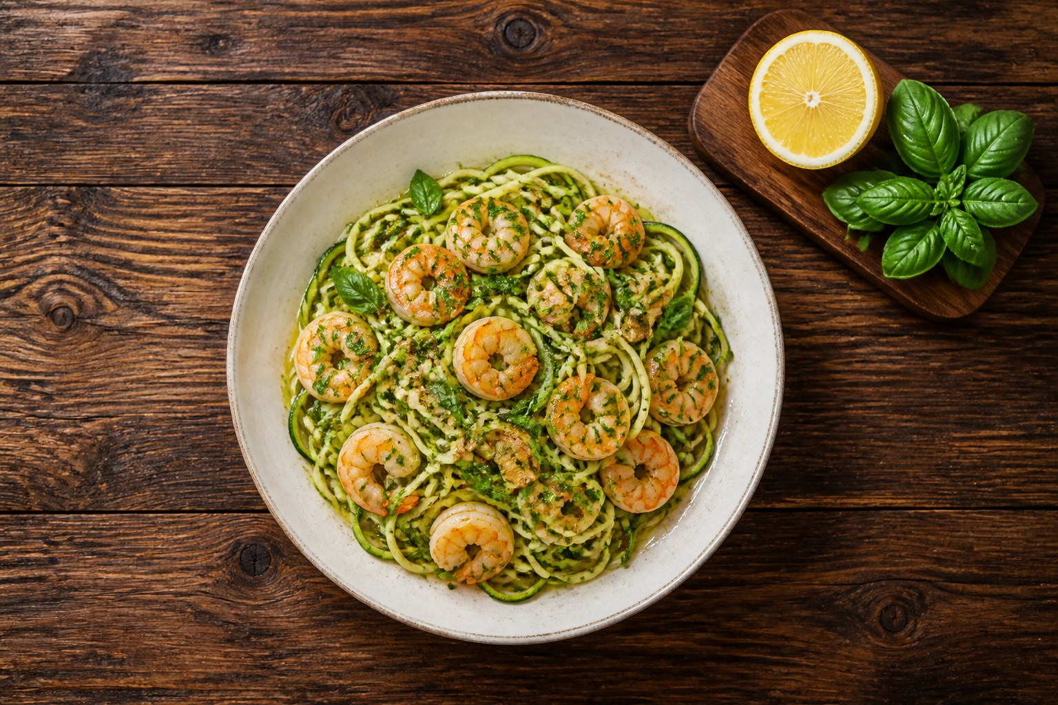 AIP garlic shrimp tossed with spiralized zucchini noodles, fresh basil and lemon in a ceramic bowl