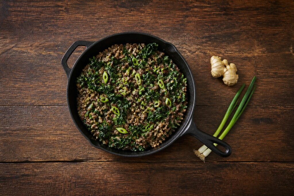 AIP ginger beef and kale breakfast skillet with spring onions in a cast iron pan