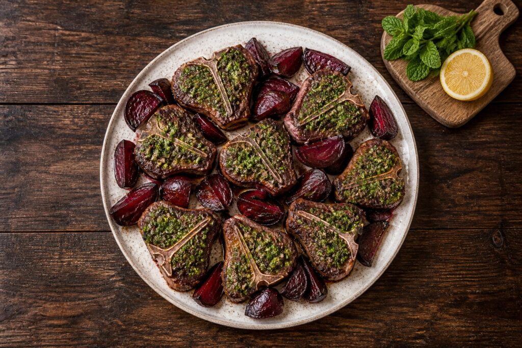 AIP herb-crusted lamb loin chops with a fresh mint and rosemary crust, served with roasted beet wedges