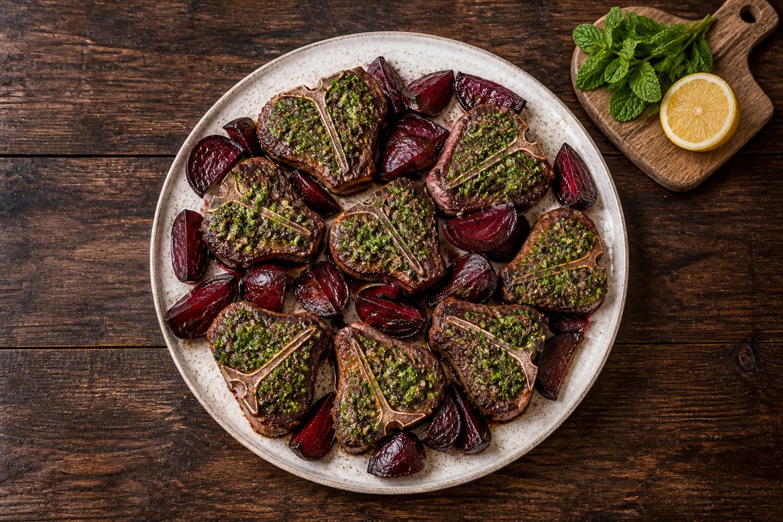 AIP herb-crusted lamb loin chops with a fresh mint and rosemary crust, served with roasted beet wedges