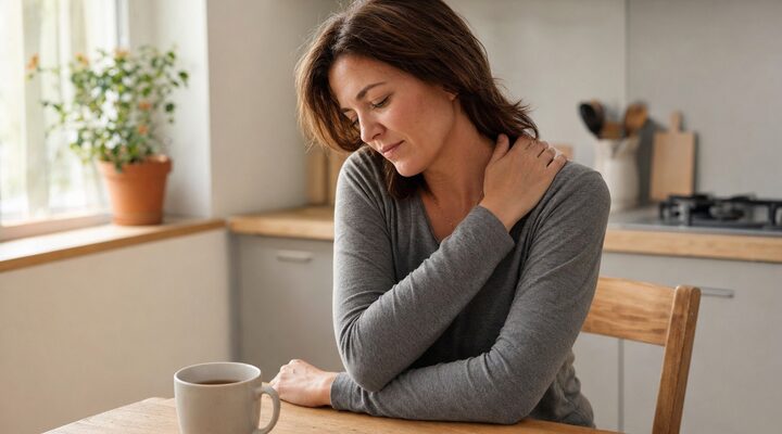 Woman with morning shoulder stiffness, one of the common inflammation symptoms
