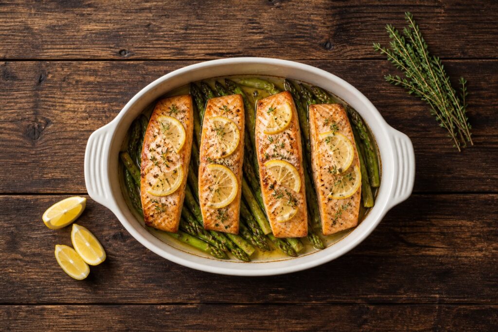 AIP baked salmon fillets with asparagus, lemon slices and fresh thyme in a baking dish