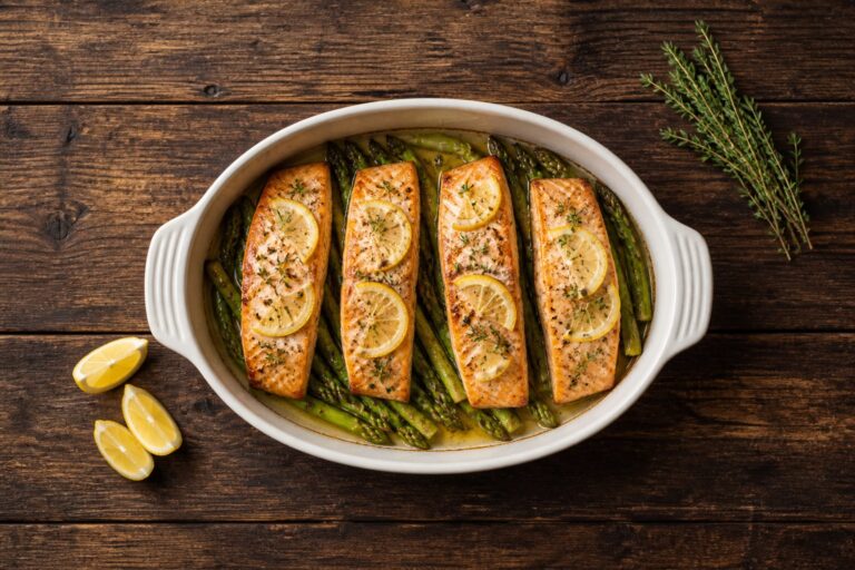 AIP baked salmon fillets with asparagus, lemon slices and fresh thyme in a baking dish