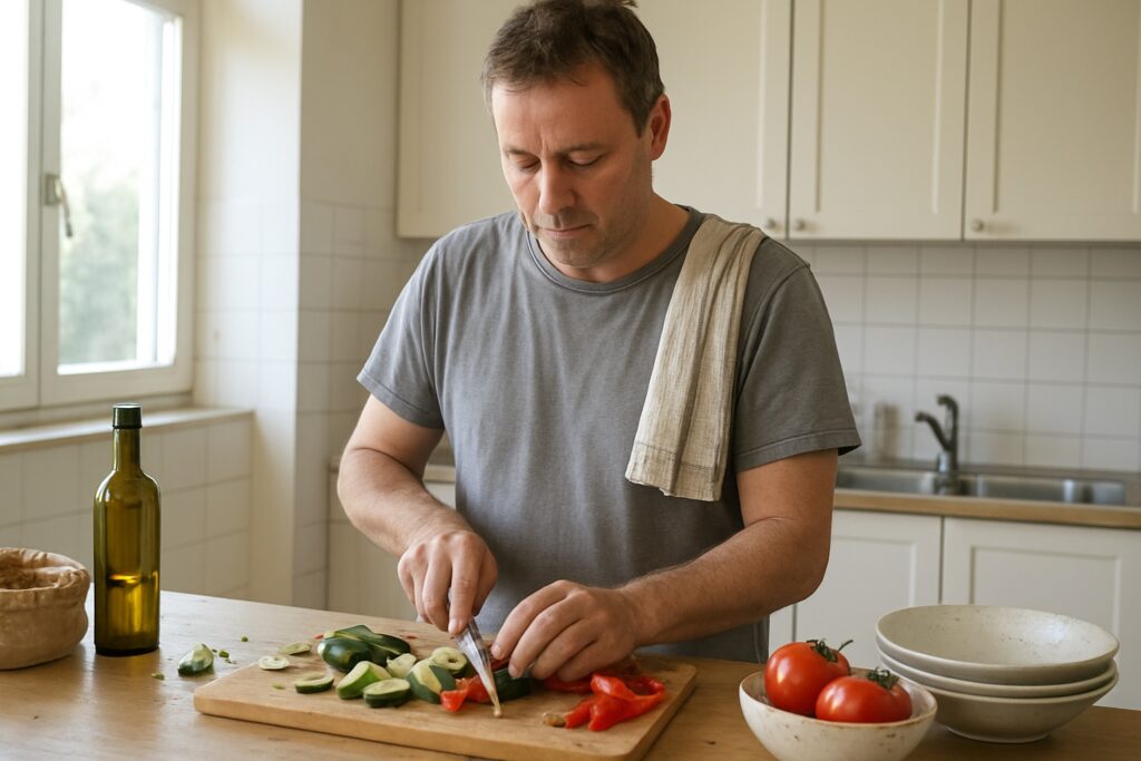 A man chopping courgettes and red peppers in a home kitchen, with olive oil and dried lentils on the counter