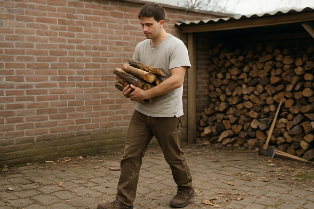 A young man carrying an armful of chopped firewood across a back yard