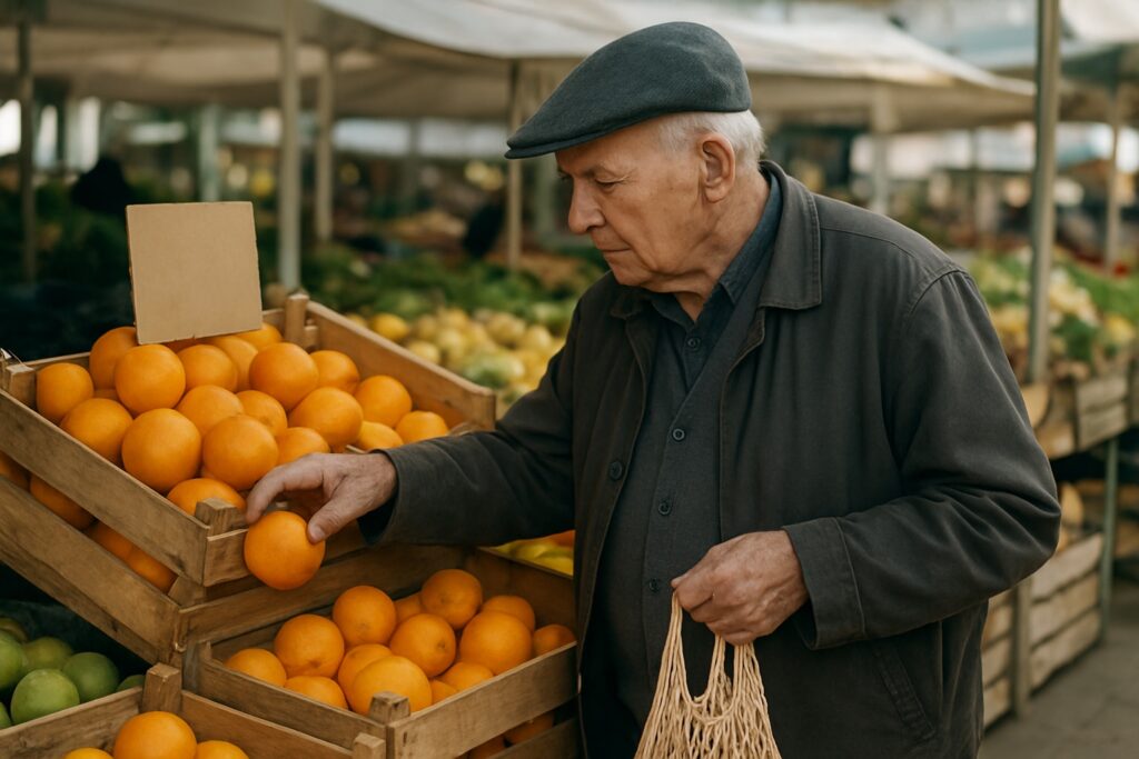 An older man choosing oranges at an outdoor market stall with a string bag in his hand