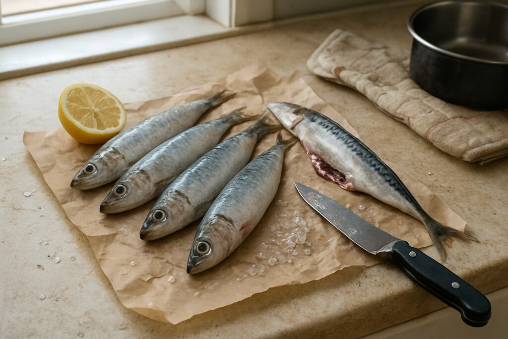 Fresh sardines and mackerel laid out on paper on a kitchen counter beside a knife and half a lemon