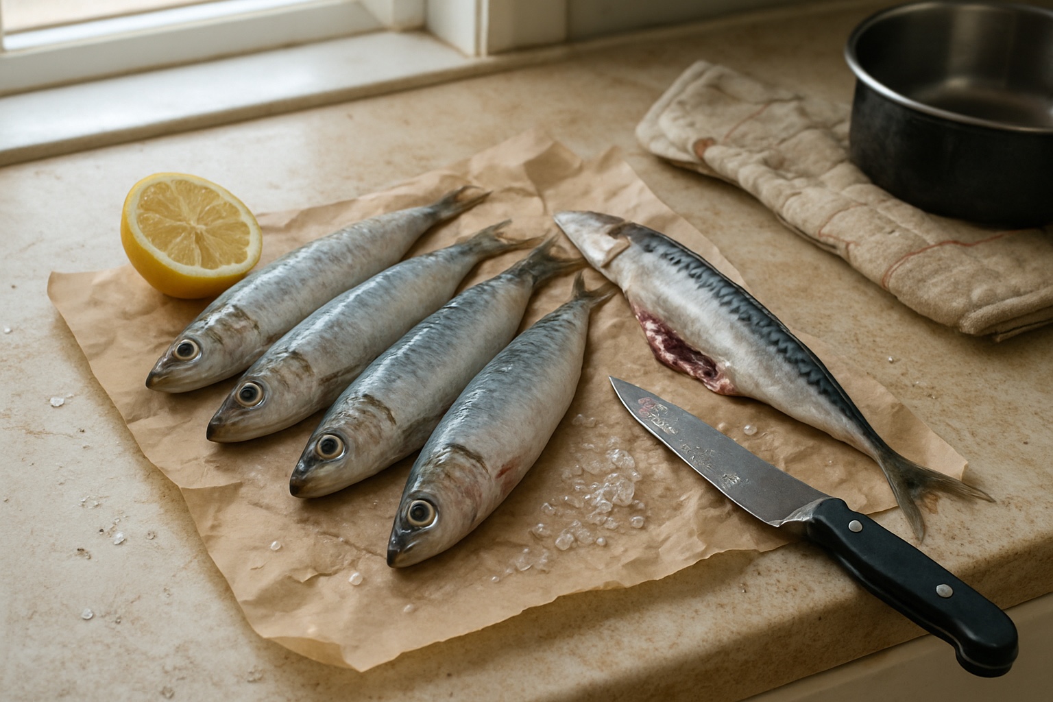 Fresh sardines and mackerel laid out on paper on a kitchen counter beside a knife and half a lemon