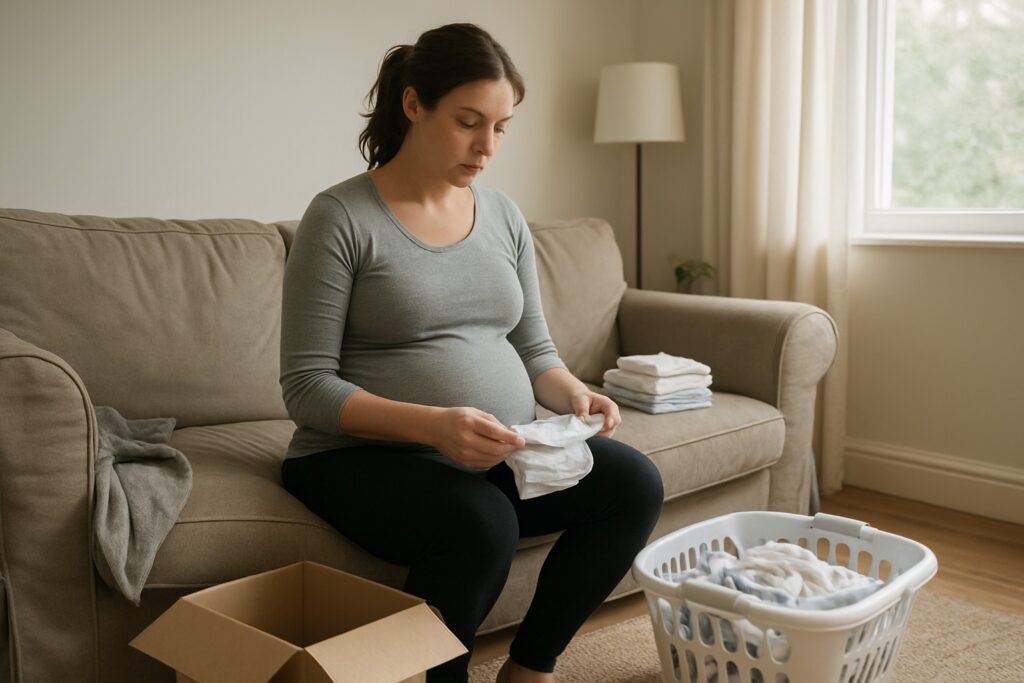 A pregnant woman folding small baby clothes on a sofa in her living room