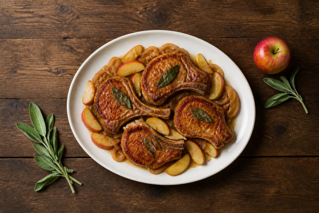 AIP pan-fried bone-in pork chops with caramelized apple wedges, onion and crispy sage on a white platter