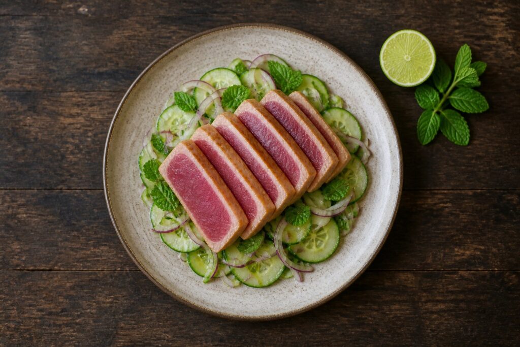 AIP pan-seared tuna slices with a rare center over a cucumber, red onion and mint salad on a ceramic plate