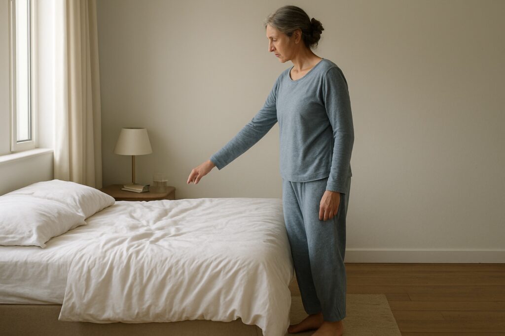 A woman in pyjamas standing beside her bed in the morning, straightening the duvet