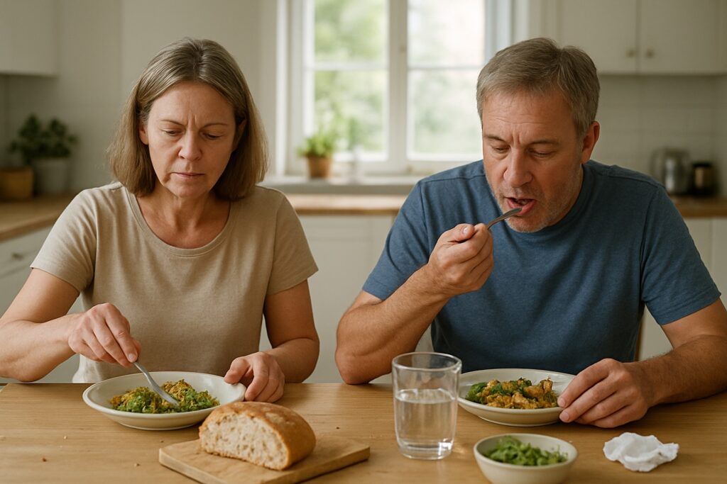 Two people in their fifties eating a simple lunch together at a kitchen table