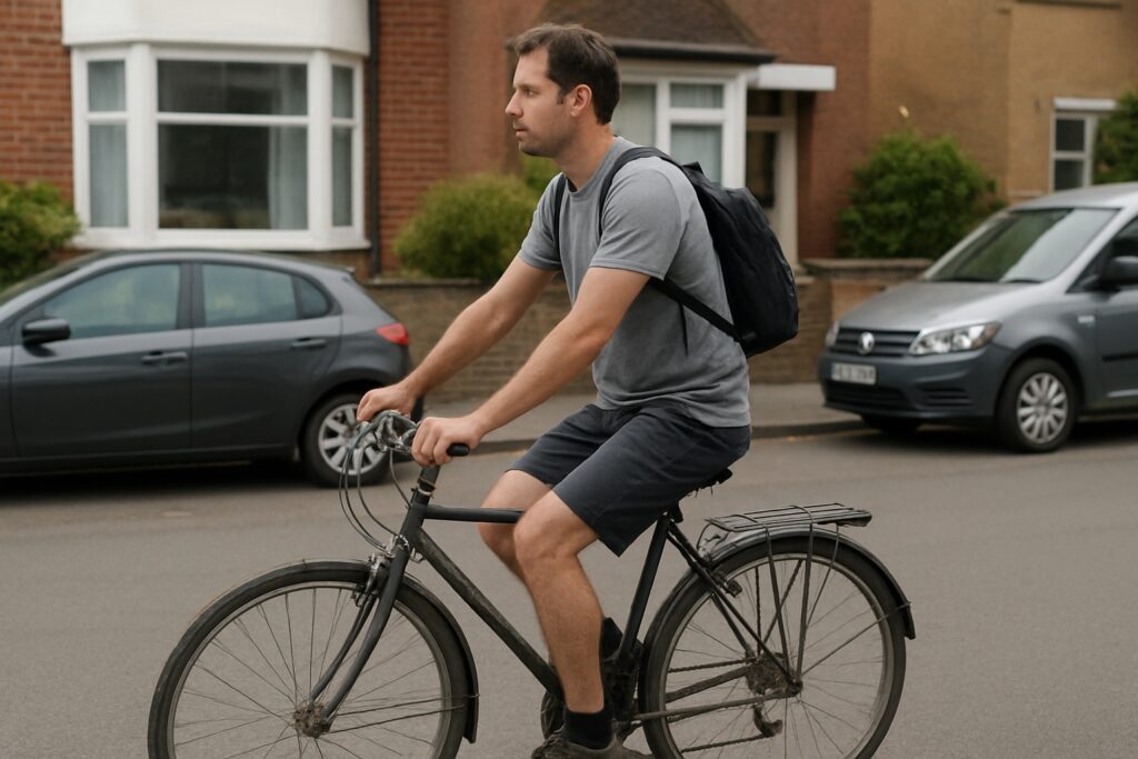 A man riding an ordinary bicycle along a quiet residential street