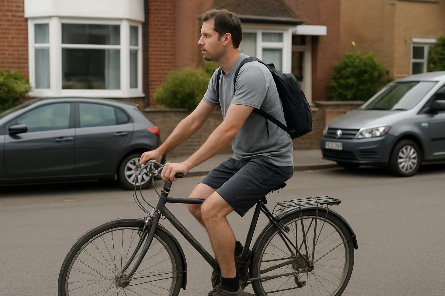 A man riding an ordinary bicycle along a quiet residential street