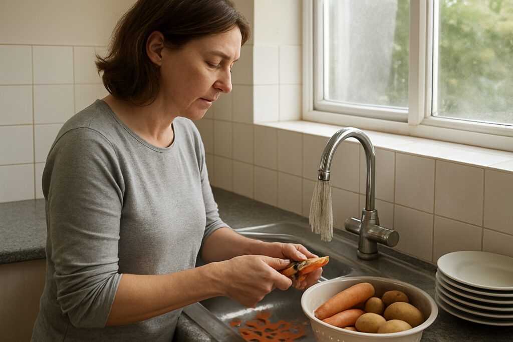 A woman peeling carrots at a kitchen sink by the window