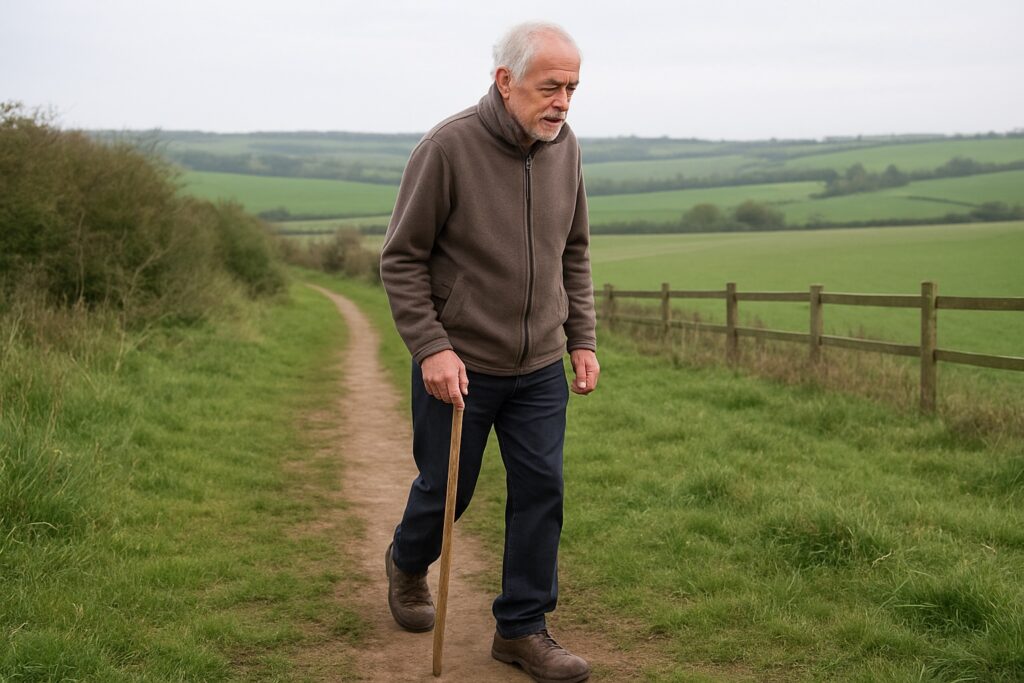 An older man walking up an earth footpath through open green countryside