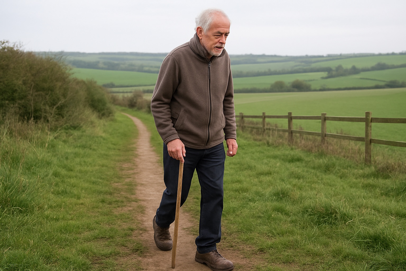 An older man walking up an earth footpath through open green countryside