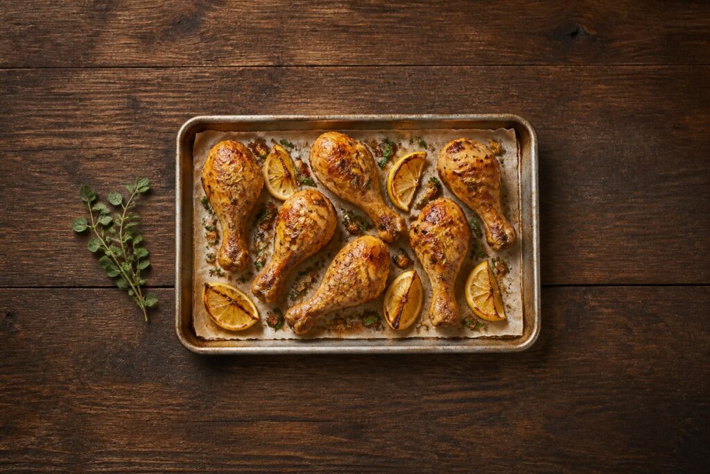 AIP roast chicken drumsticks with crispy golden skin, garlic, oregano and charred lemon wedges on a sheet pan