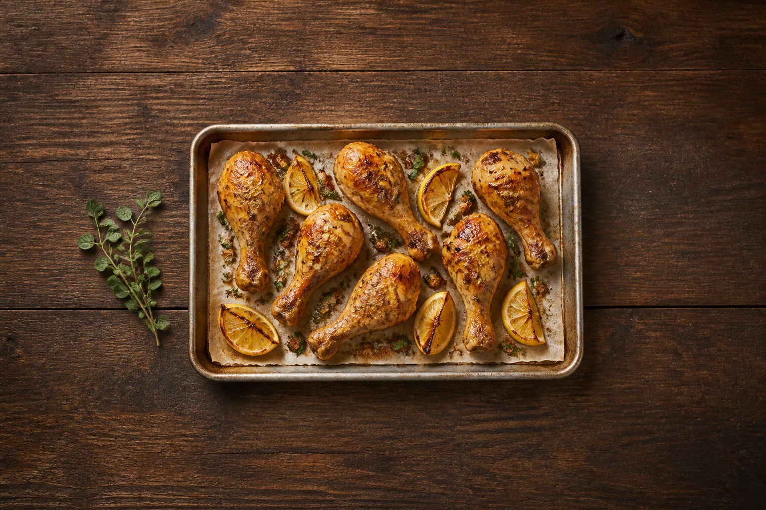 AIP roast chicken drumsticks with crispy golden skin, garlic, oregano and charred lemon wedges on a sheet pan