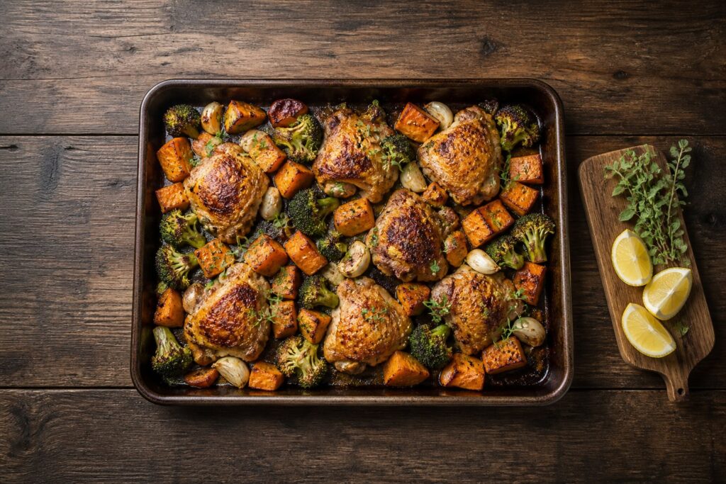 AIP sheet-pan chicken thighs with roasted sweet potato cubes, charred broccoli and fresh oregano