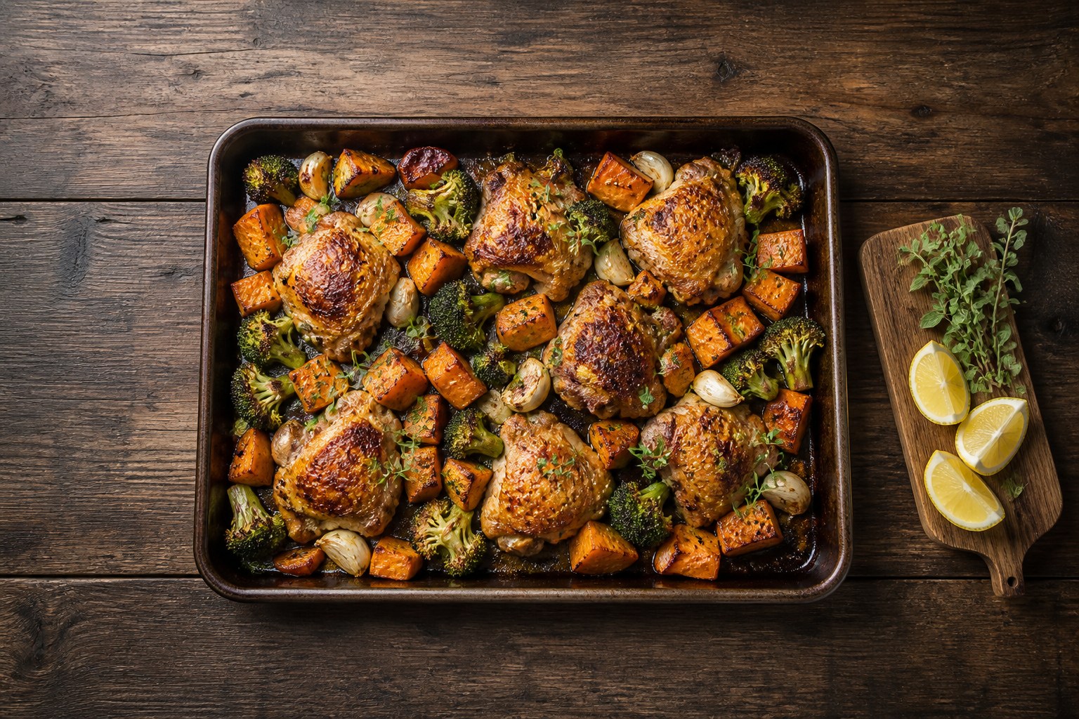 AIP sheet-pan chicken thighs with roasted sweet potato cubes, charred broccoli and fresh oregano