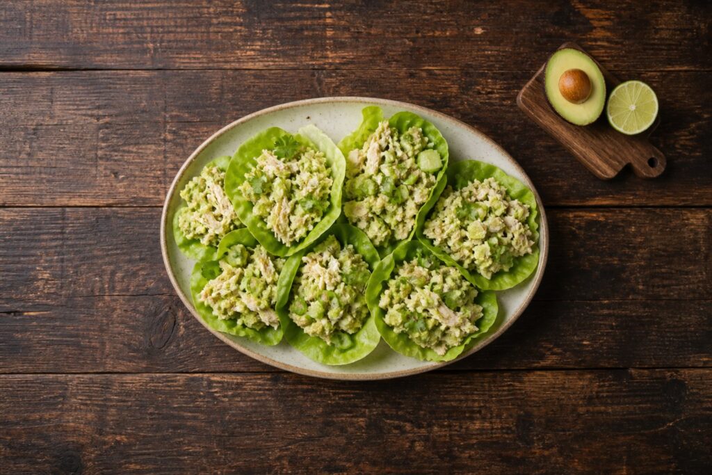 AIP shredded chicken and avocado lettuce wraps in butterhead lettuce cups on a ceramic platter with lime and avocado